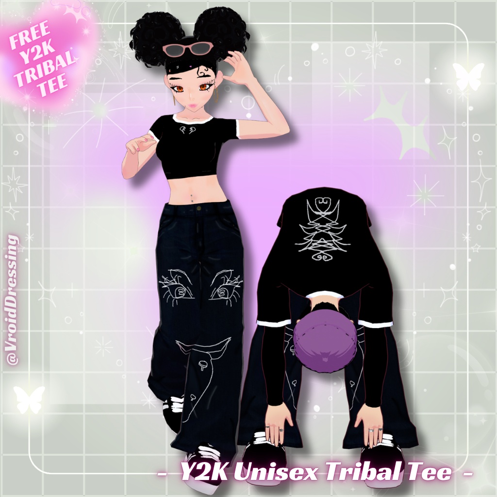 【無料配布】男女兼用 Y2K トライバル柄 リンガーTシャツ 全2種 / FREE Y2K Unisex Tribal Tee (crop + long)【VRoidカスタムアイテム】#VroidDressing