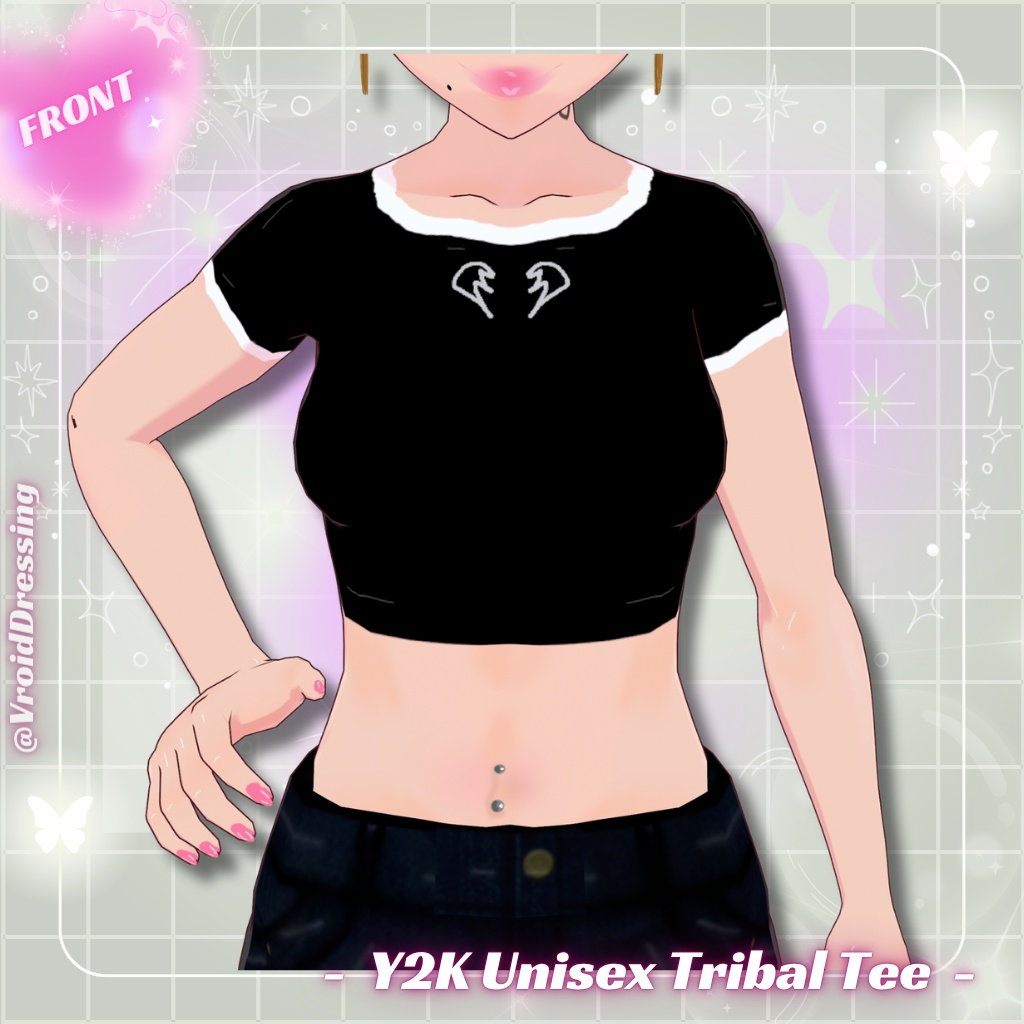 【無料配布】男女兼用 Y2K トライバル柄 リンガーTシャツ 全2種 / FREE Y2K Unisex Tribal Tee (crop + long)【VRoidカスタムアイテム】#VroidDressing