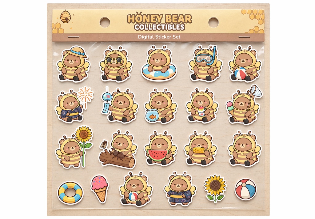 はちコスくまのデジタルステッカー20種｜夏バージョン｜表情＆ポーズたっぷり｜デジタルプランナー｜手帳デコ・Goodnotes対応｜透過PNG