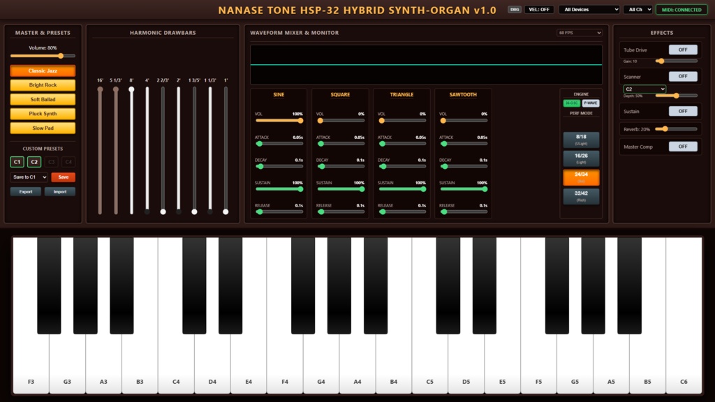 ナナセトーン HPS-32 Hybrid Synth-Organ|ドローバー+4波形ミキサー付きWebオルガン|v2.0で古典音律対応