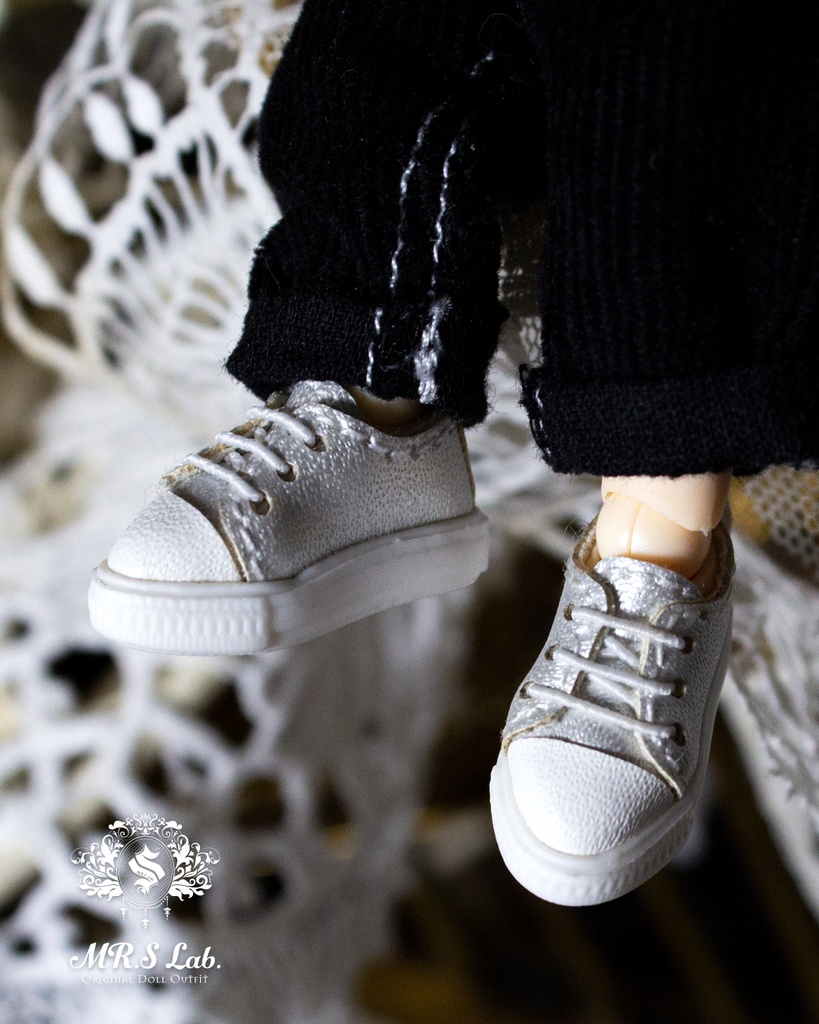 ドールシューズ:【Original】Leather sneakers with shoelaces 紐付きレザースニーカー シルバー 銀