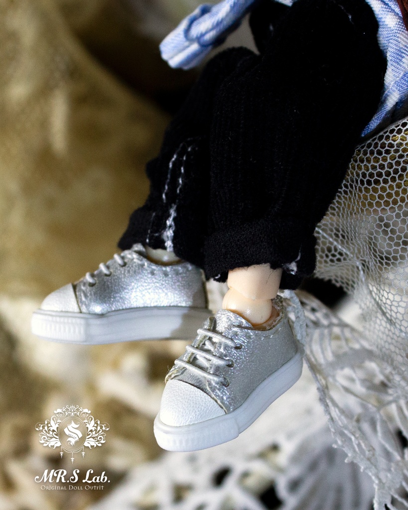 ドールシューズ:【Original】Leather sneakers with shoelaces 紐付きレザースニーカー シルバー 銀