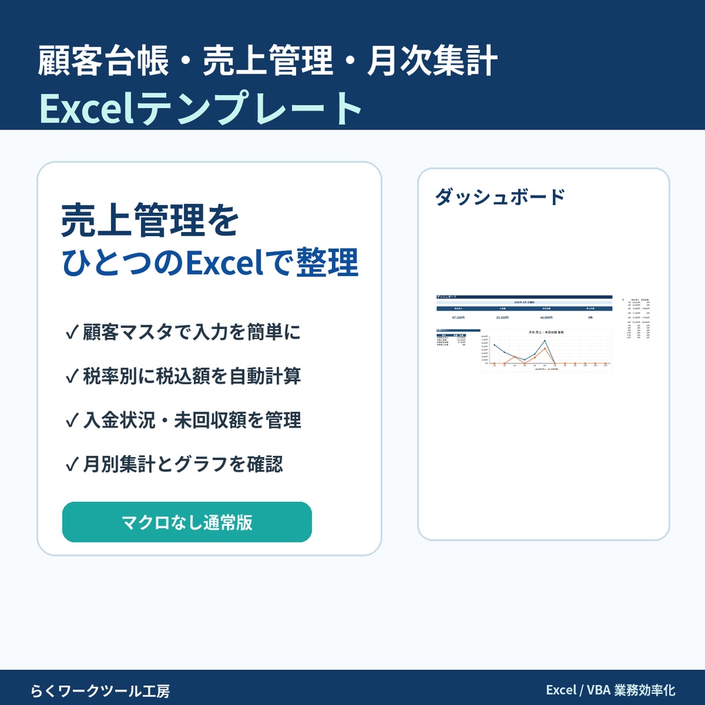 顧客台帳・売上管理・月次集計 Excelテンプレート｜顧客マスタ・未回収管理・グラフ付き