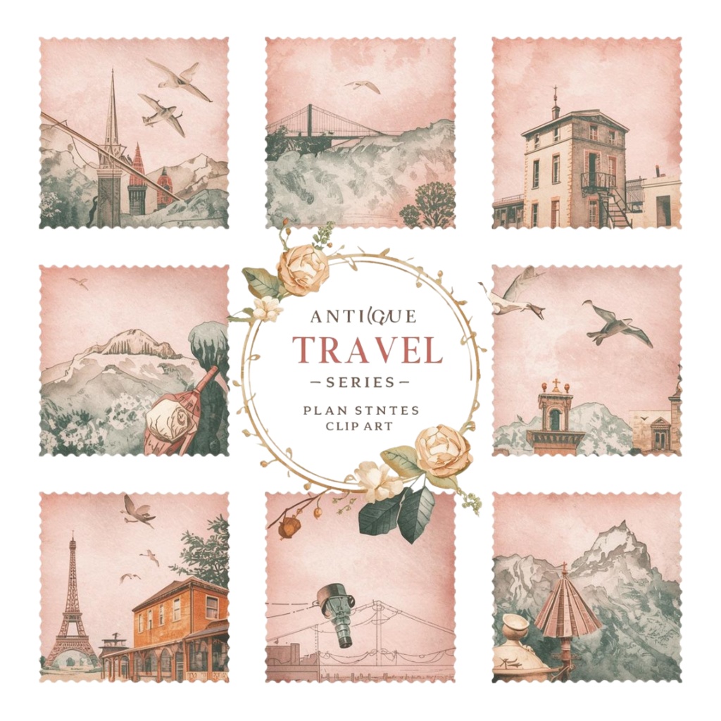 アンティーク風ピンク旅行アイコン|水彩クリップアート10種(PNG)