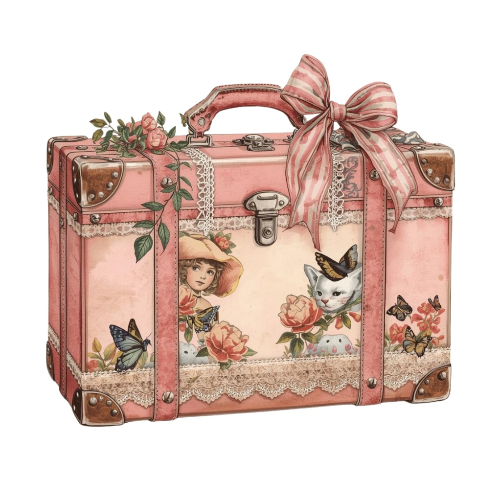 アンティーク風ピンク旅行アイコン|水彩クリップアート10種(PNG)