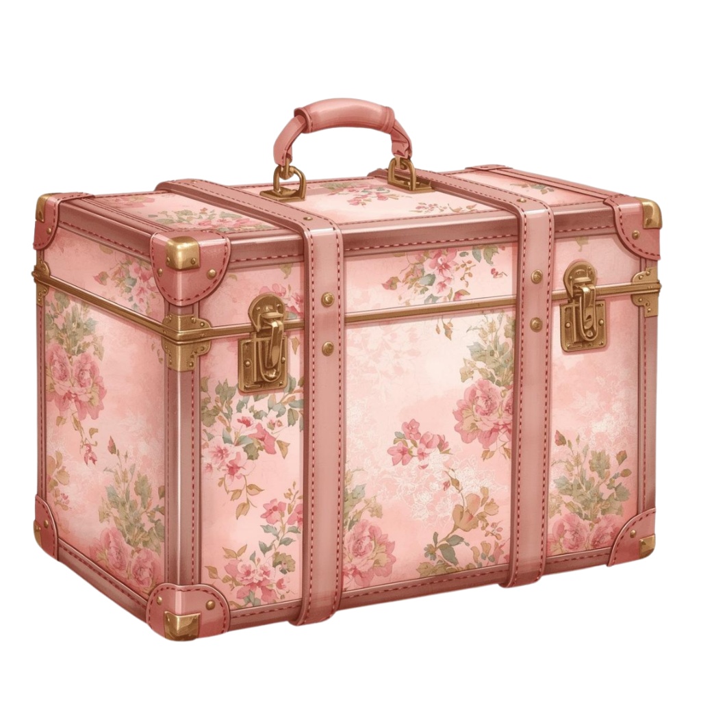 アンティーク風ピンク旅行アイコン|水彩クリップアート10種(PNG)