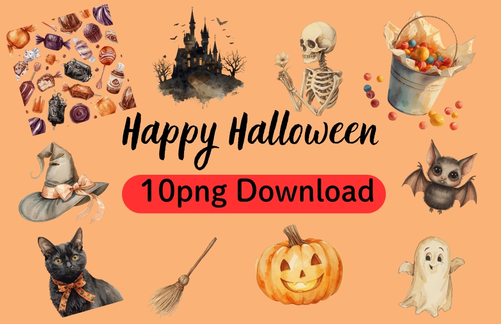 水彩アンティークの可愛いハロウィンクリップアートセット(全10種類)