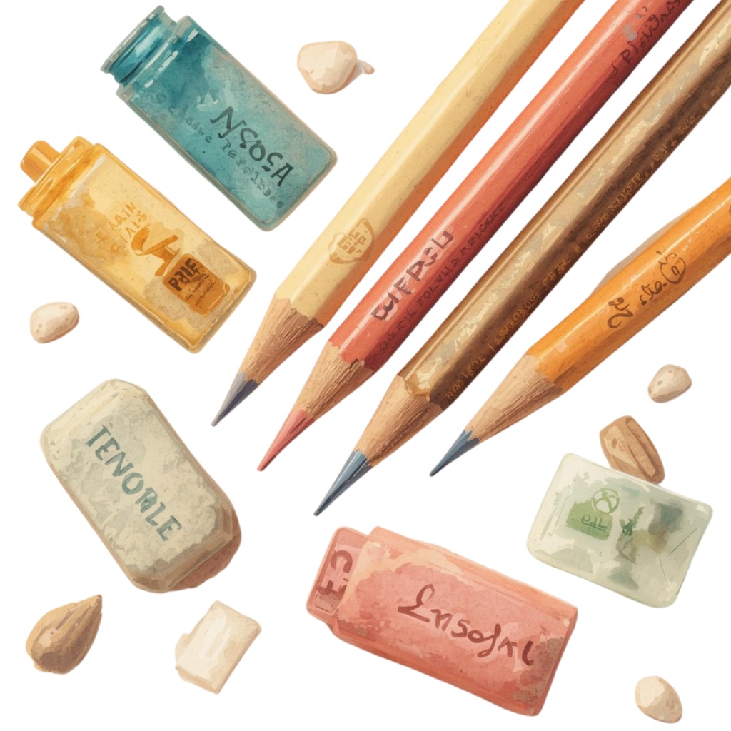 「アンティーク文房具の水彩クリップアート(暖色系)」