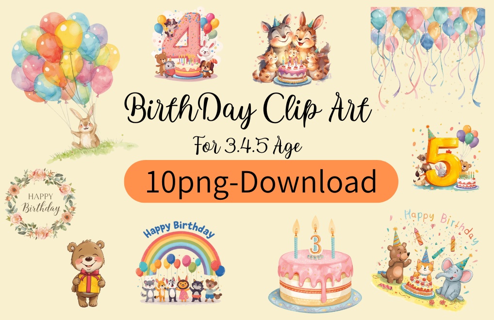 「おたんじょうびパーティークリップアートセット|3〜5歳向け可愛いイラスト(全10種類)」