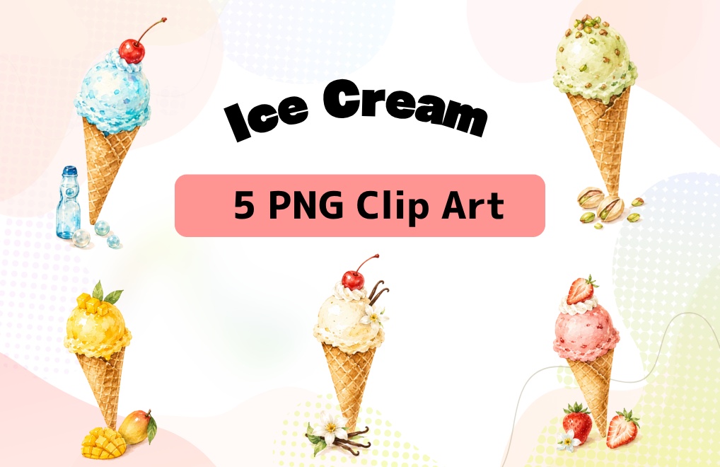 アンティーク水彩｜夏のアイスクリームクリップアートセット【PNG・5種類】