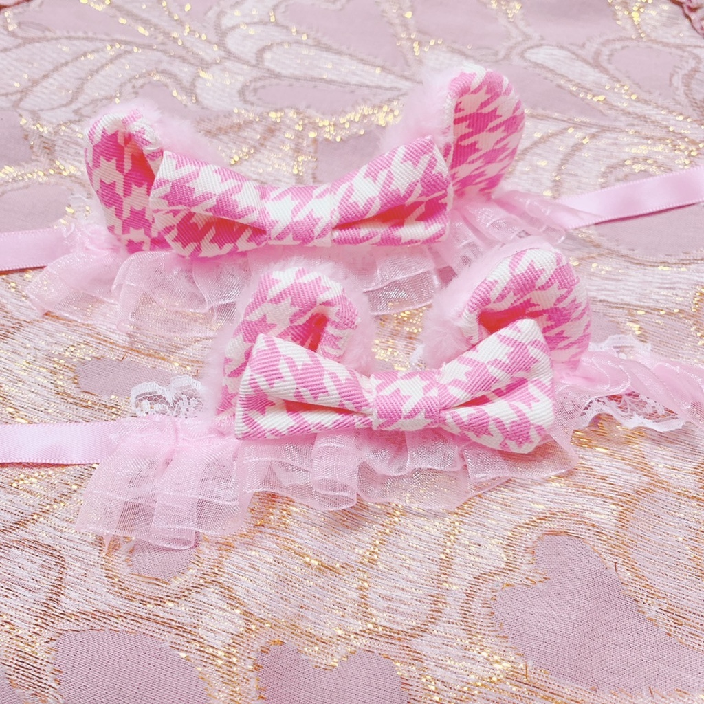 ぴんく千鳥柄 ビッグリボンにゃんこ ヘッドドレス