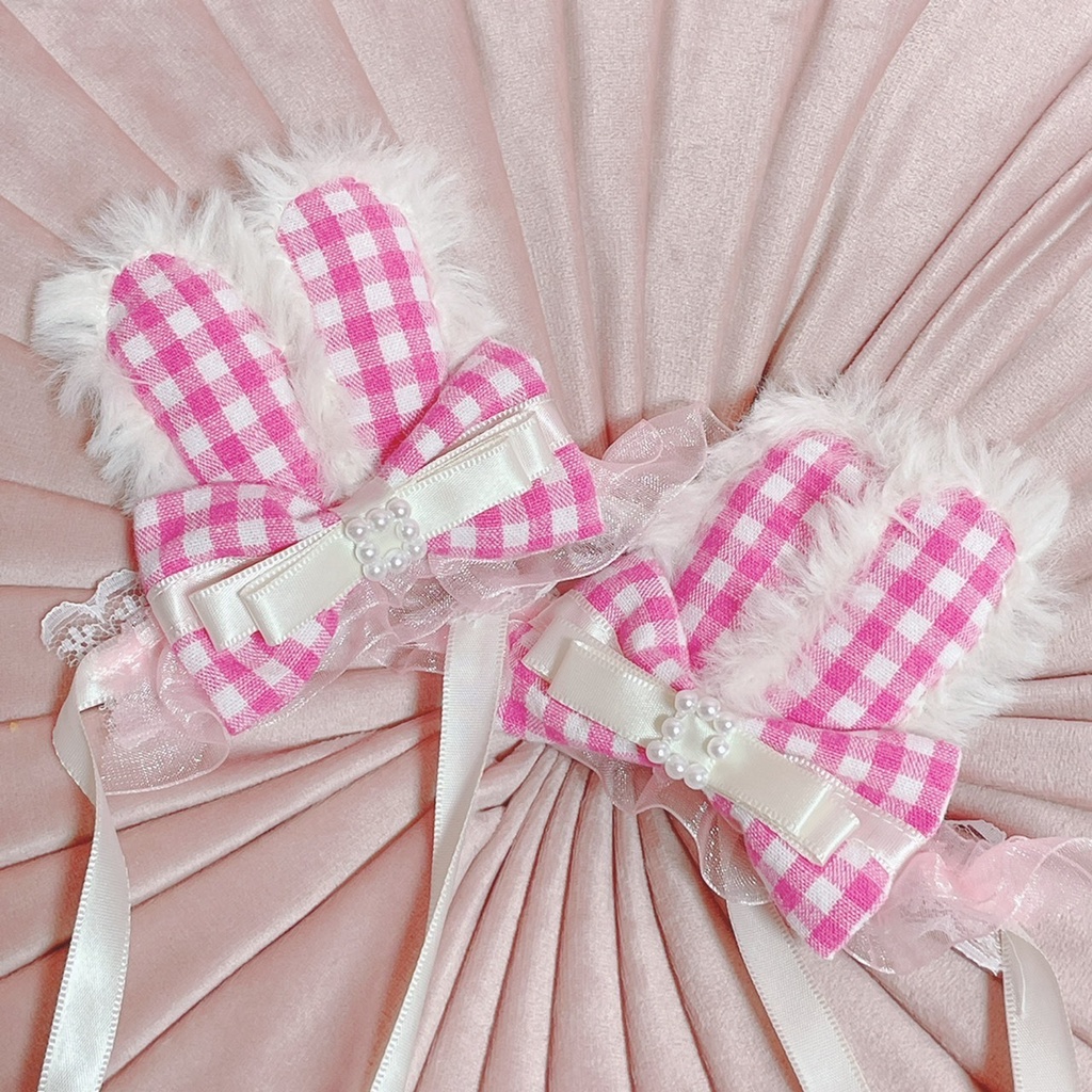 ピンクギンガムチェック パールリボン うさみみ