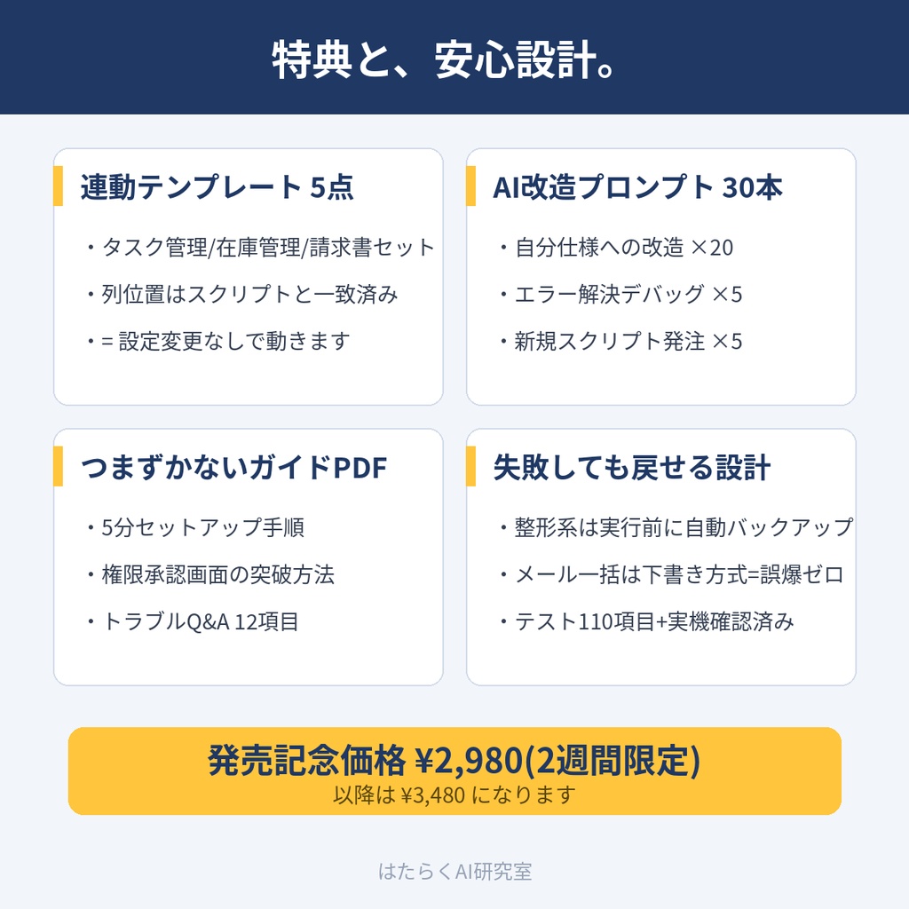 コピペで動く!スプレッドシート自動化GASキット20本|請求書PDF・自動メール・データ整形【テンプレ&AIプロンプト付】