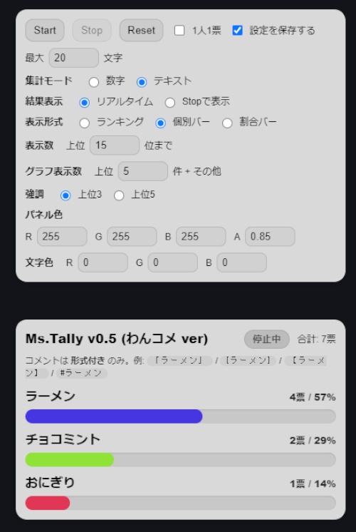 「Ms.Tally」わんコメ用数字/テキスト集計テンプレ
