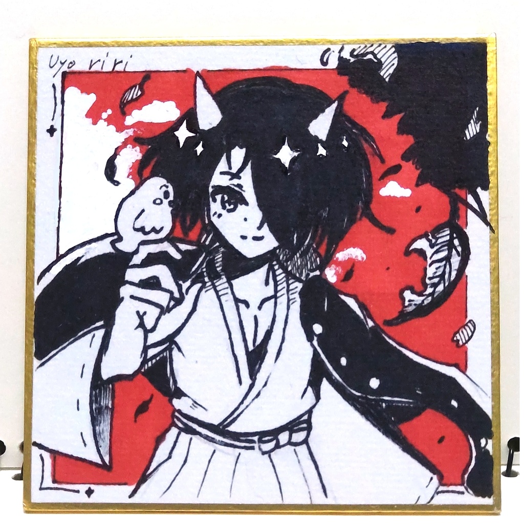 ミニ色紙原画　「カカとコトリモドキ」