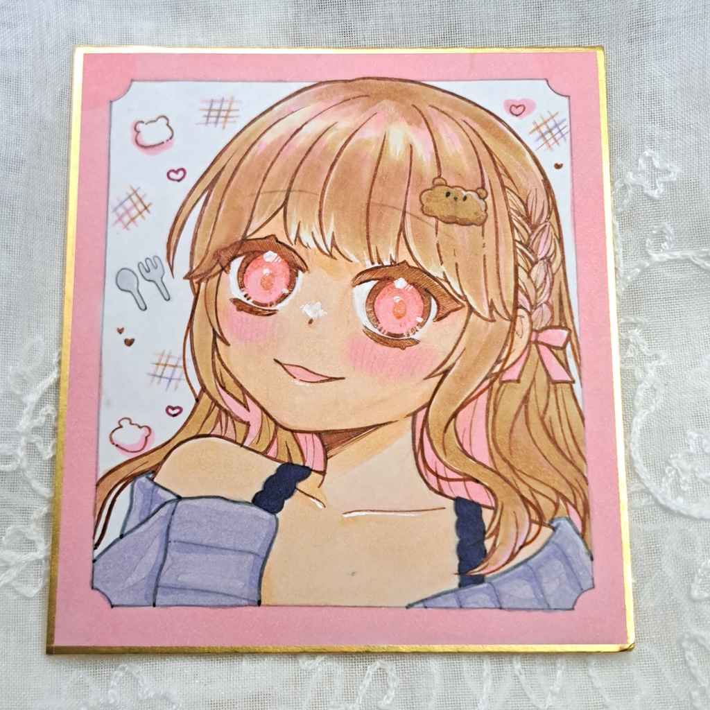 【オリジナルイラスト】ふわふわピンクの女の子【アナログ/色紙】