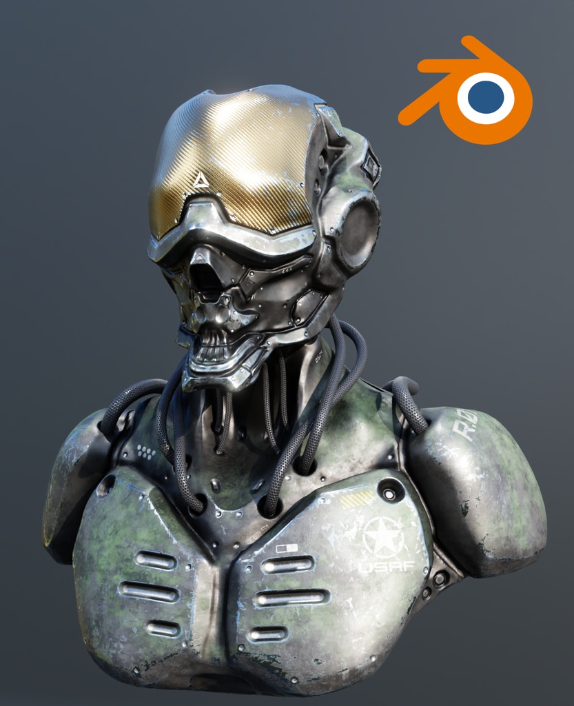 Blender - SF風スカルヘルメットの胸像 / Blender - Sci-Fi Skull Helmet Bust - 3D Model