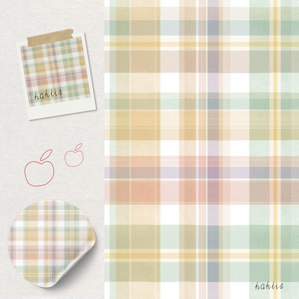 【hakulis】パステルカラー水彩チェック柄デジタルペーパー 5枚セット|3000×3000px|PNG