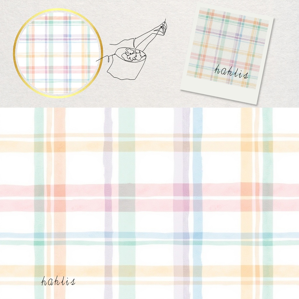 【hakulis】パステルカラー水彩チェック柄デジタルペーパー 5枚セット|3000×3000px|PNG