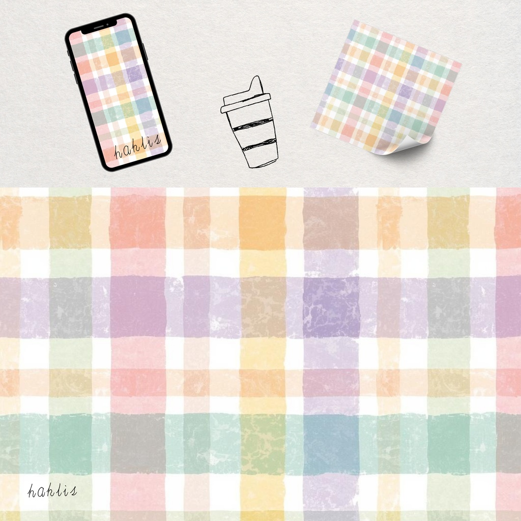 【hakulis】パステルカラー水彩チェック柄デジタルペーパー 5枚セット|3000×3000px|PNG