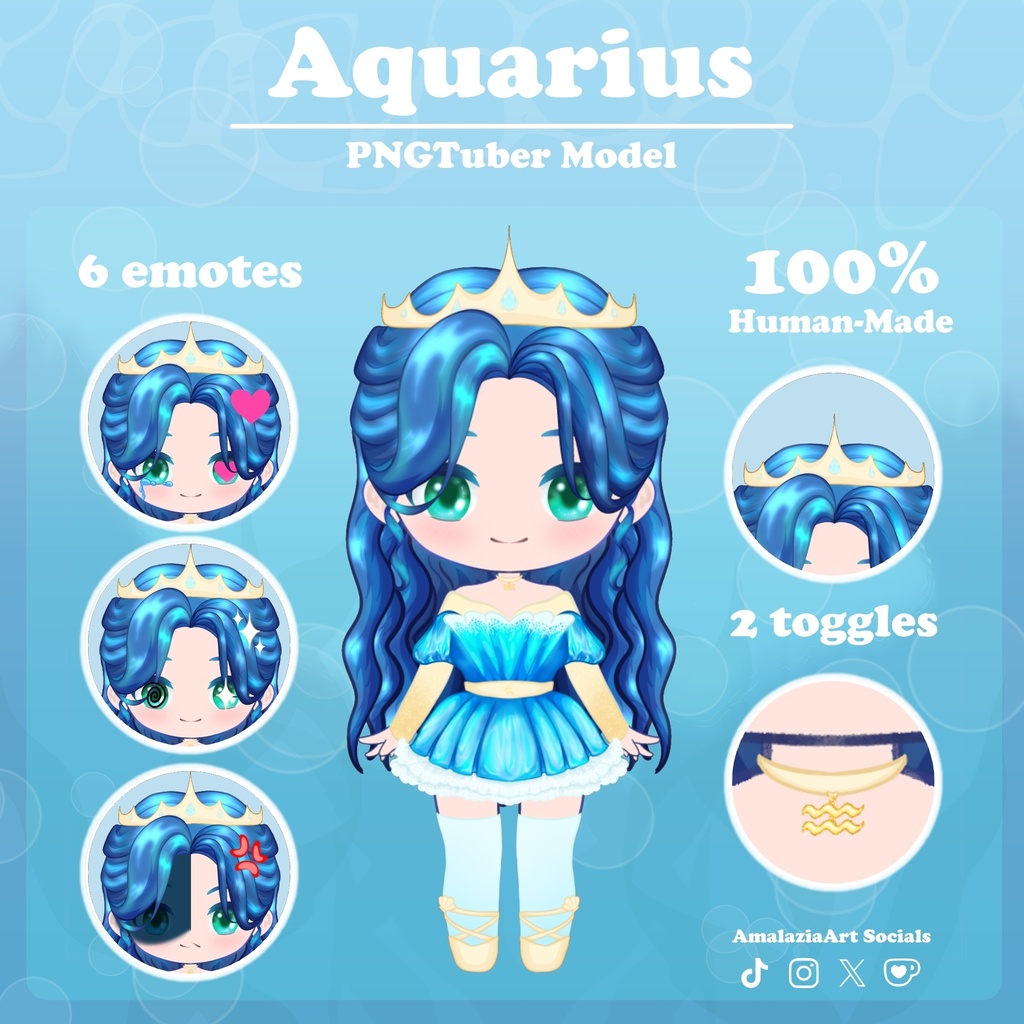 Animated Chibi PNGTuber Avatar | Beginner Friendly VTuber Model | Aquarius Zodiac Stream Model (100% Human-Made)