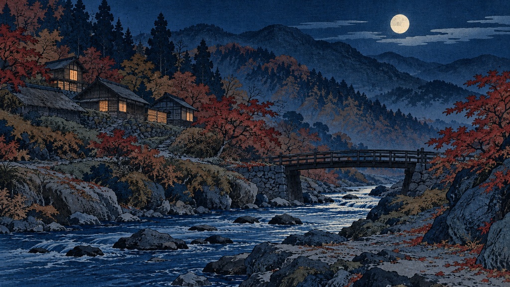【背景20枚】浮世絵調・秋の旅景色|朝・昼・夜・雨天(ゲーム・TRPG向け)