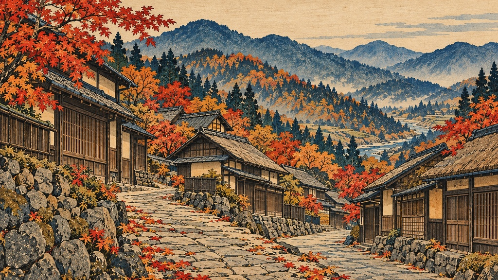 【背景20枚】浮世絵調・秋の旅景色|朝・昼・夜・雨天(ゲーム・TRPG向け)