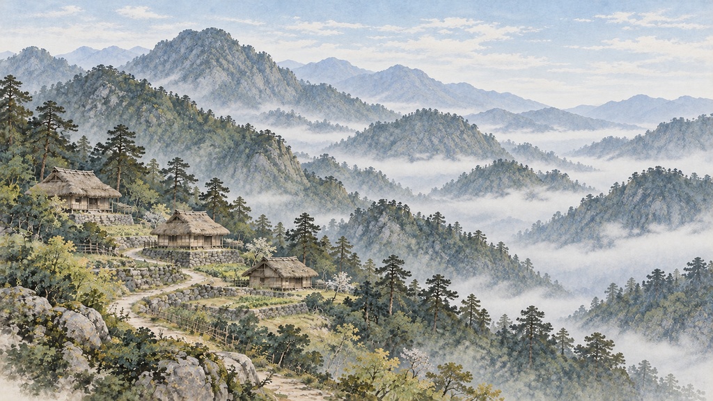 【背景20枚】日本画調・霞む山水と静かな道|朝・昼・夜・雨天(ゲーム・TRPG向け)