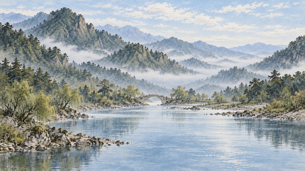 【背景20枚】日本画調・霞む山水と静かな道|朝・昼・夜・雨天(ゲーム・TRPG向け)