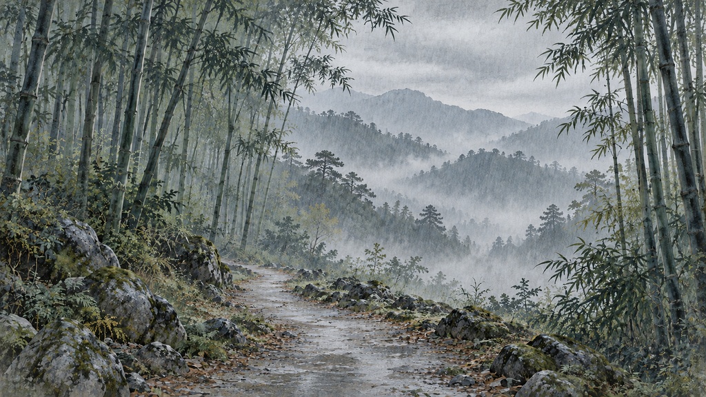 【背景20枚】日本画調・霞む山水と静かな道|朝・昼・夜・雨天(ゲーム・TRPG向け)