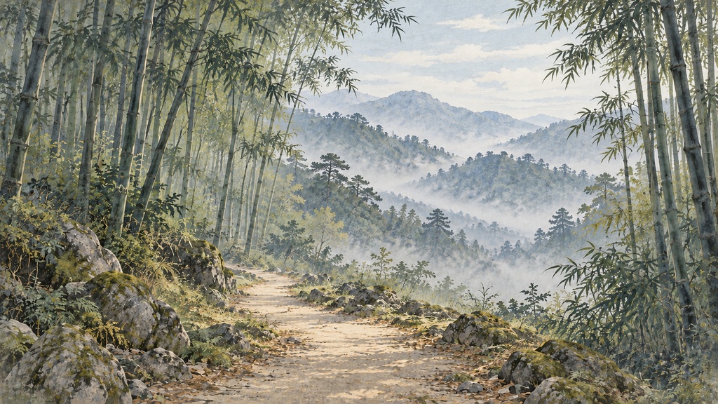 【背景20枚】日本画調・霞む山水と静かな道|朝・昼・夜・雨天(ゲーム・TRPG向け)