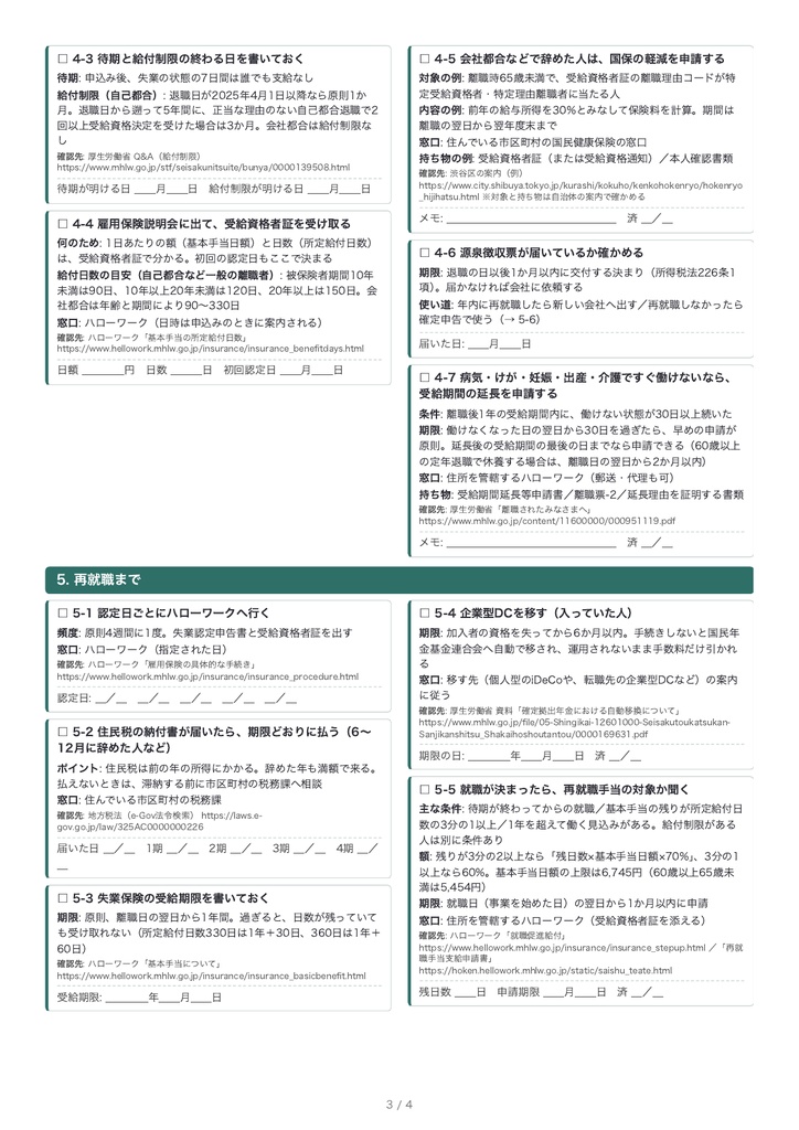 退職の手続きチェックリスト|辞める前から再就職まで(PDF・A4・4枚)退職