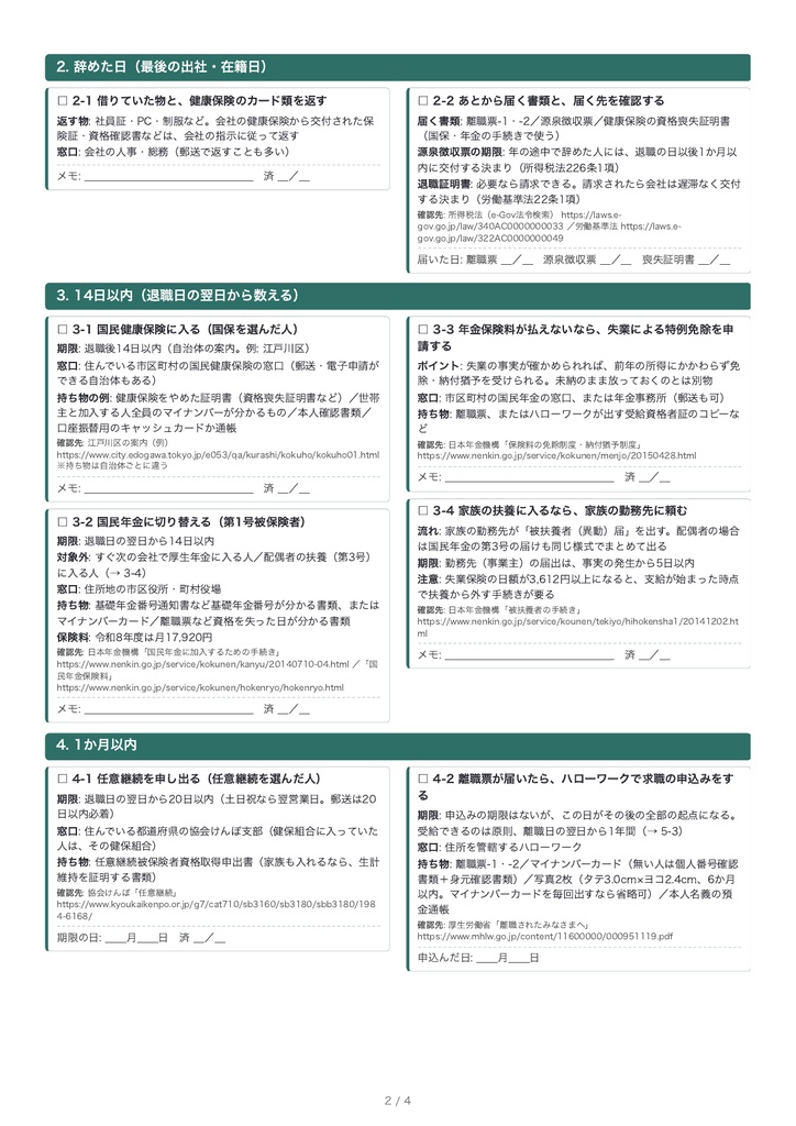 退職の手続きチェックリスト|辞める前から再就職まで(PDF・A4・4枚)退職