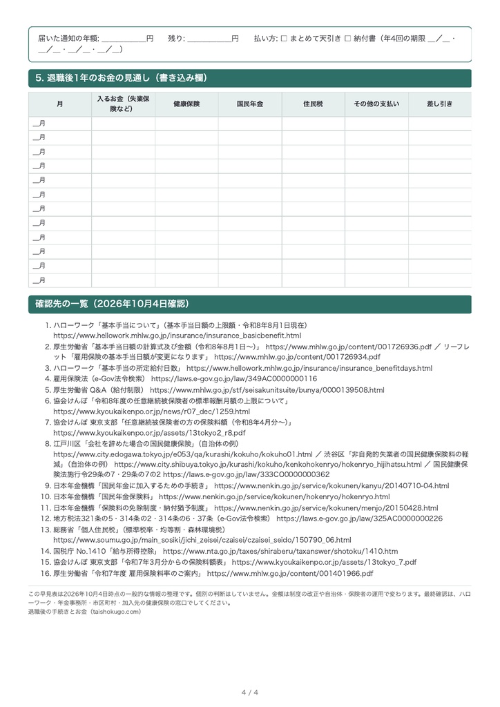 退職後のお金の早見表|失業保険・健康保険・年金・住民税(PDF・A4・4枚)