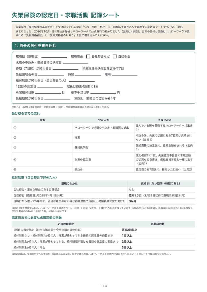 失業保険の認定日・求職活動 記録シート|求職活動の回数・再就職手当の条件つき(PDF・A4・4枚)