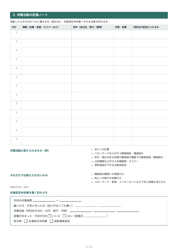 失業保険の認定日・求職活動 記録シート|求職活動の回数・再就職手当の条件つき(PDF・A4・4枚)