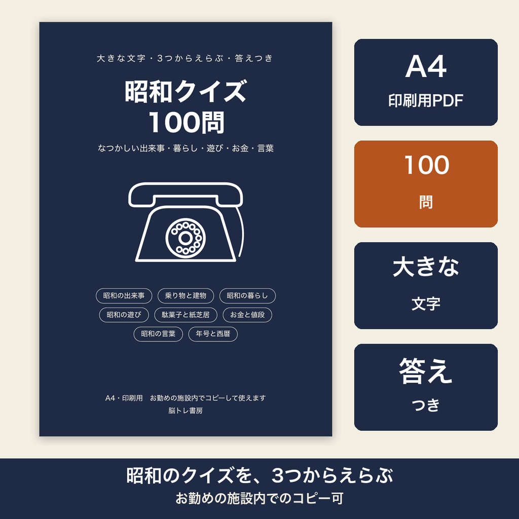 昭和クイズ 100問 大きな文字 3択 答えつき 高齢者 脳トレ 介護レク【A4 印刷用PDF・施設内コピー可】