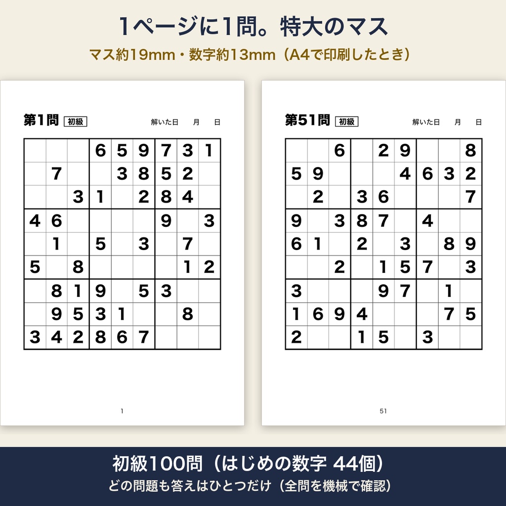 大きな文字のナンプレ 初級 特大マス100問【A4・印刷用PDF/施設内コピー可】
