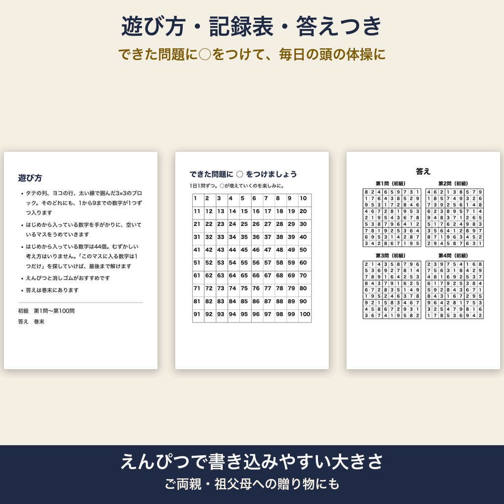 大きな文字のナンプレ 初級 特大マス100問【A4・印刷用PDF/施設内コピー可】