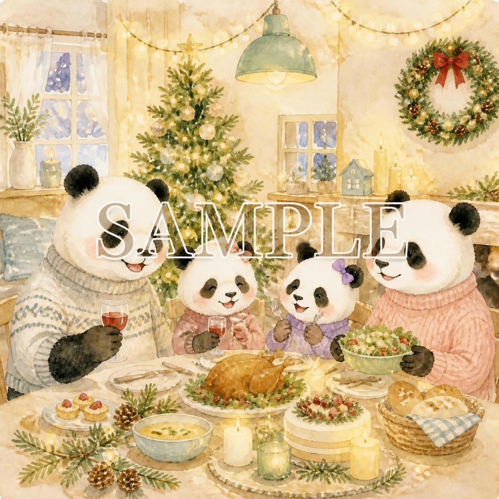 パンダファミリーのクリスマスパーティー　デジタルペーパー
