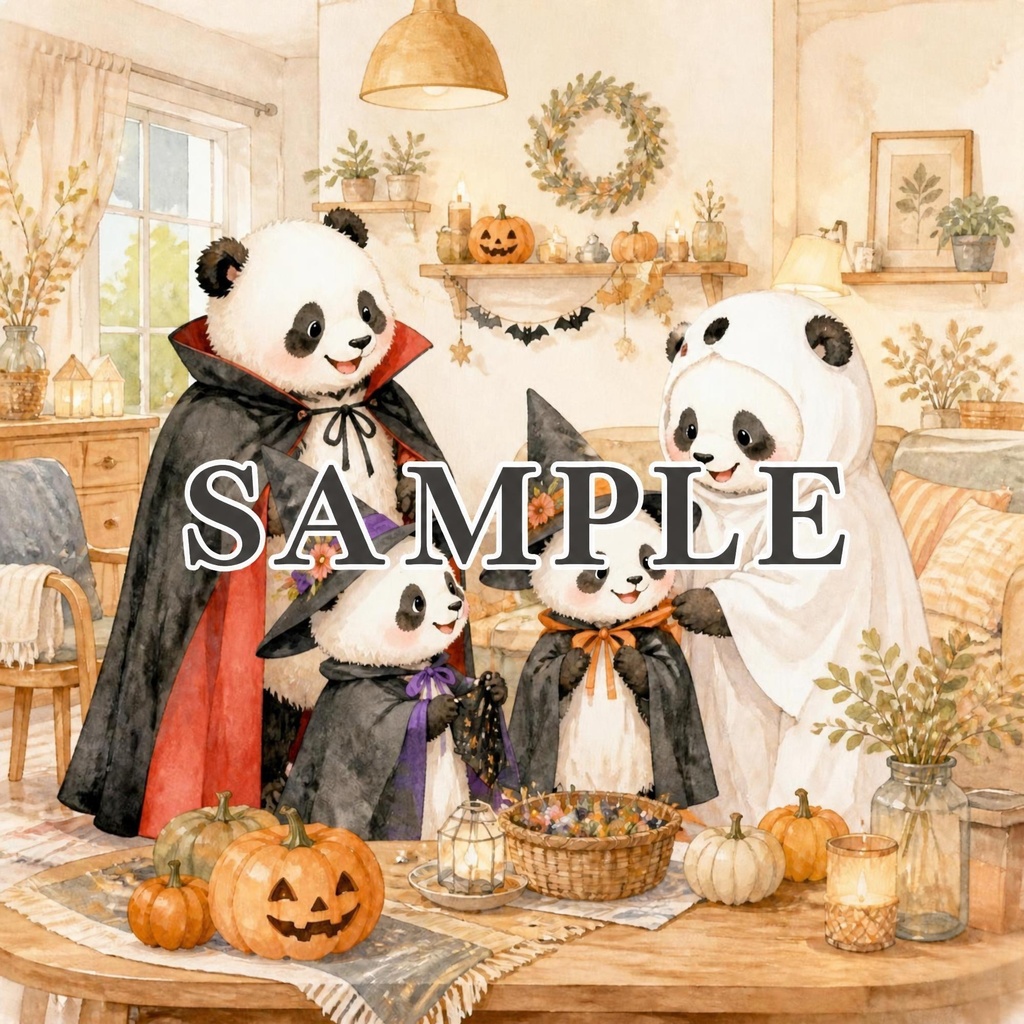 パンダファミリーの楽しいハロウィン準備 デジタルペーパー