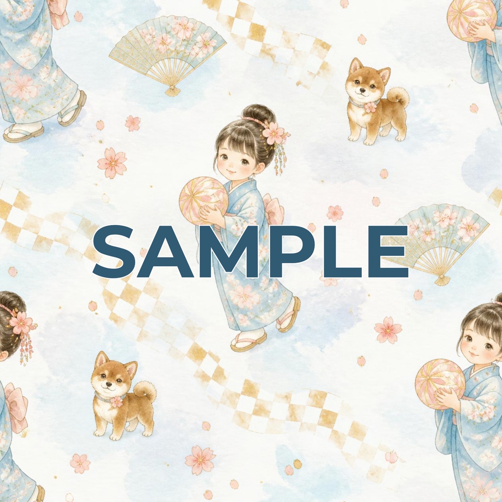 豆柴と少女　和柄5セット　デジタルペーパー