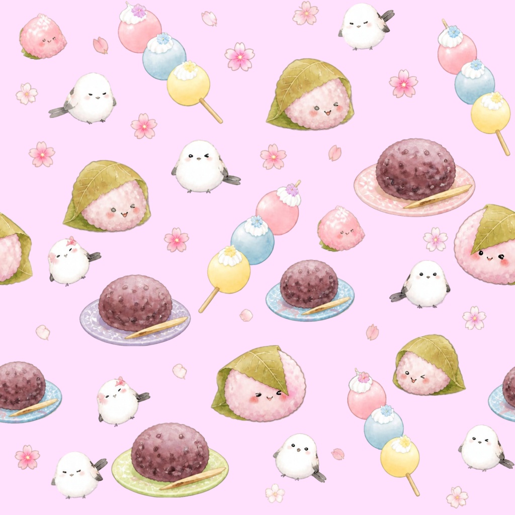 かわいい和菓子とシマエナガ | 和柄5色 デジタルペーパー シームレスパターン