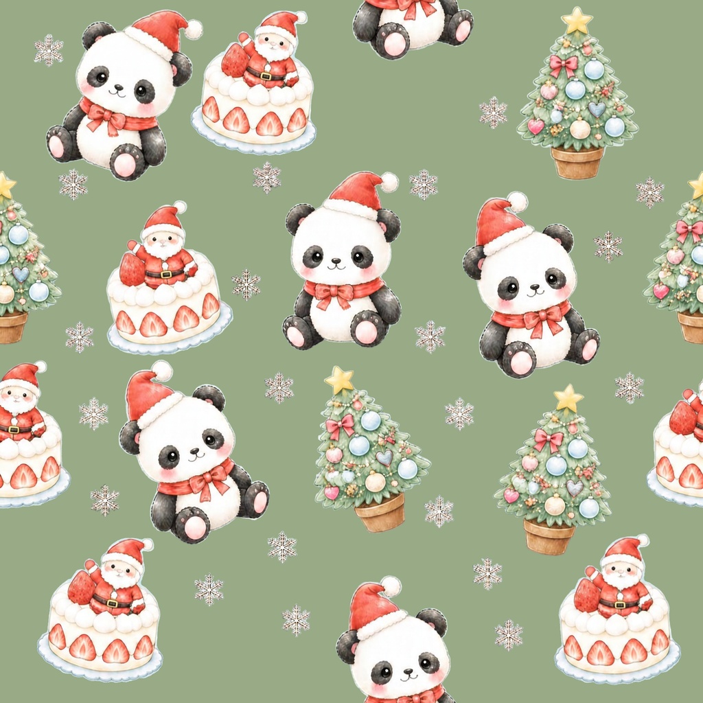 パンダと苺ケーキのクリスマス | デジタルペーパー 5色 シームレスパターン