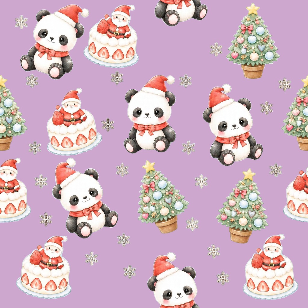 パンダと苺ケーキのクリスマス | デジタルペーパー 5色 シームレスパターン