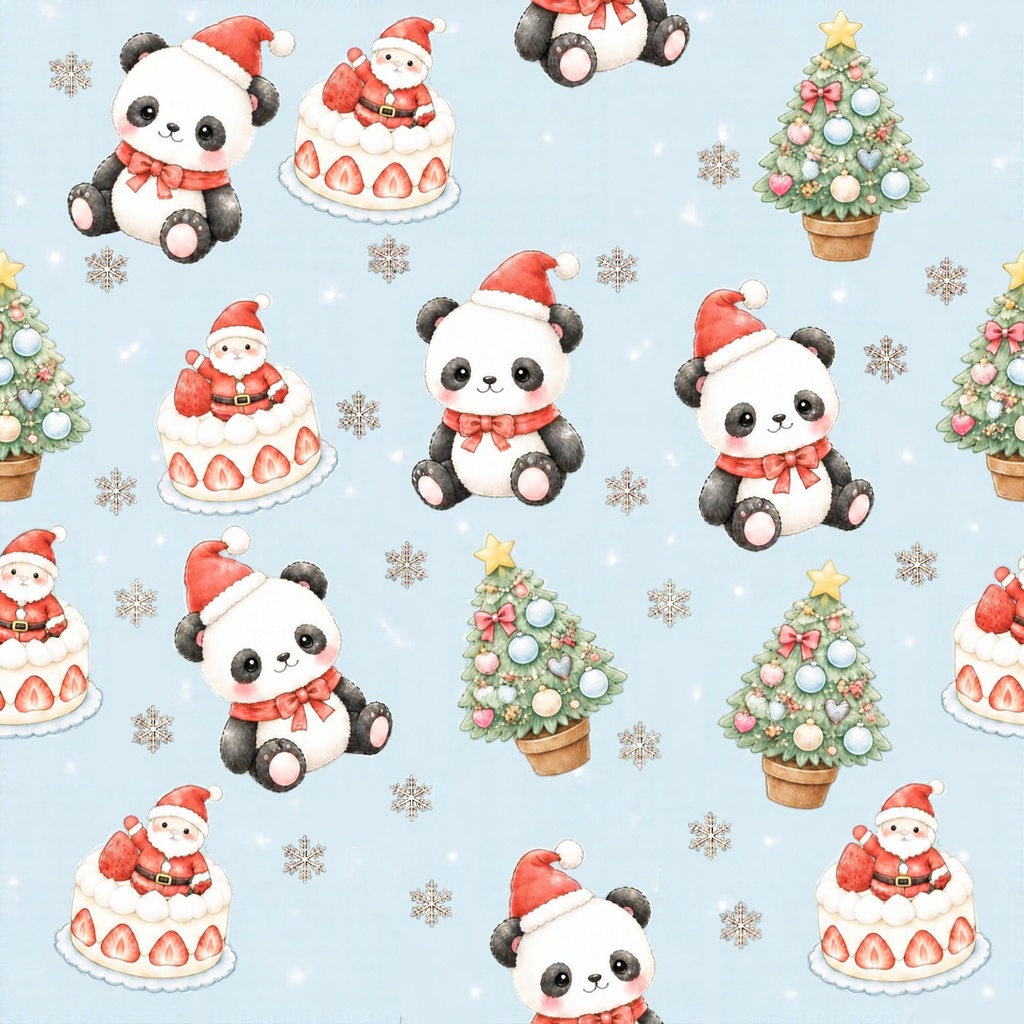 パンダと苺ケーキのクリスマス　|　デジタルペーパー　５色　シームレスパターン
