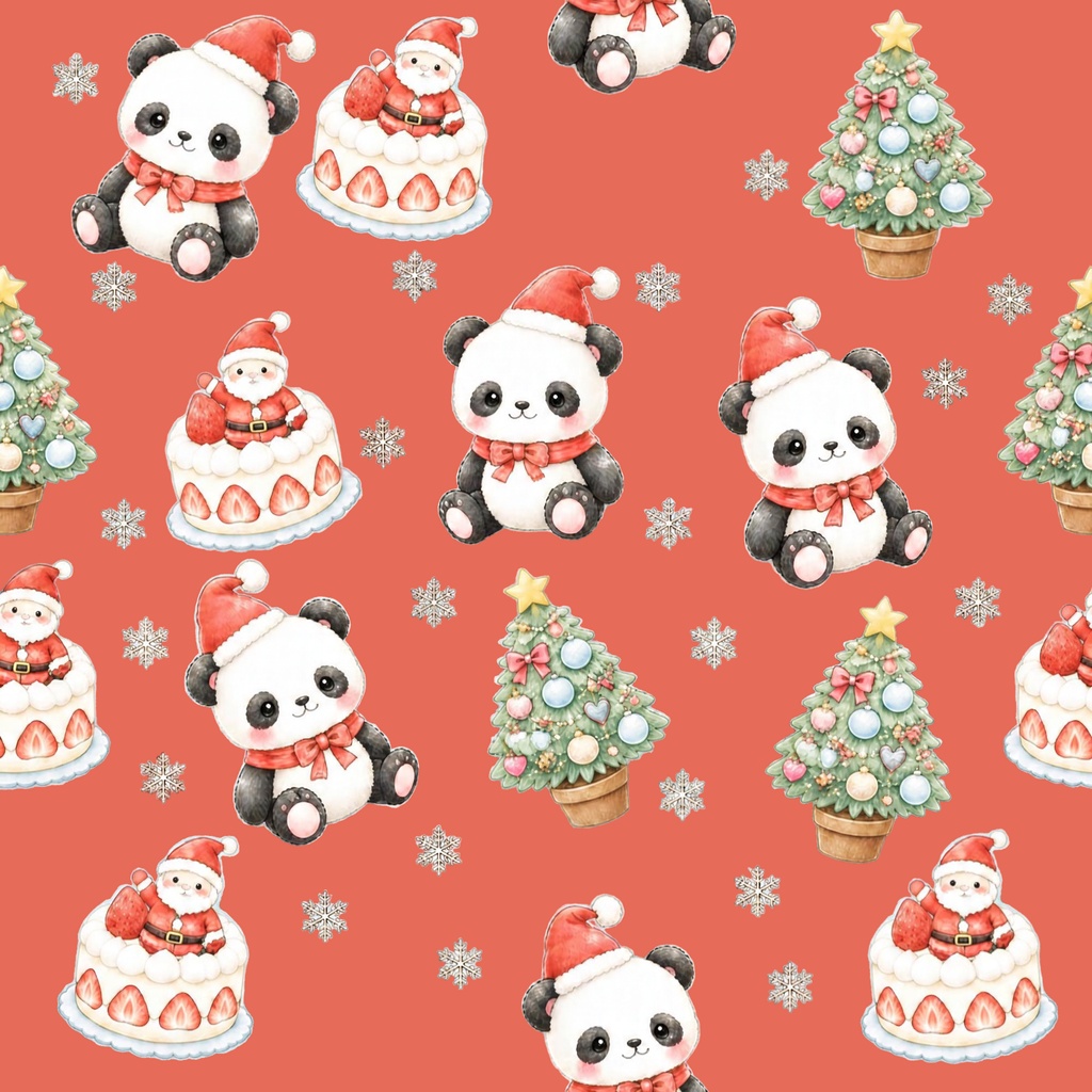 パンダと苺ケーキのクリスマス | デジタルペーパー 5色 シームレスパターン