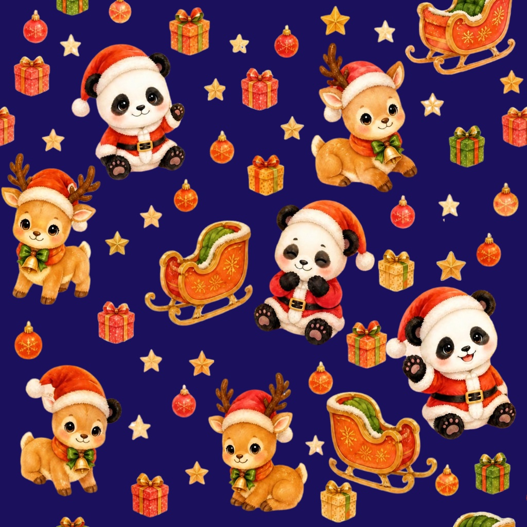 パンダとクリスマスプレゼント | デジタルペーパー 5色 シームレスパターン