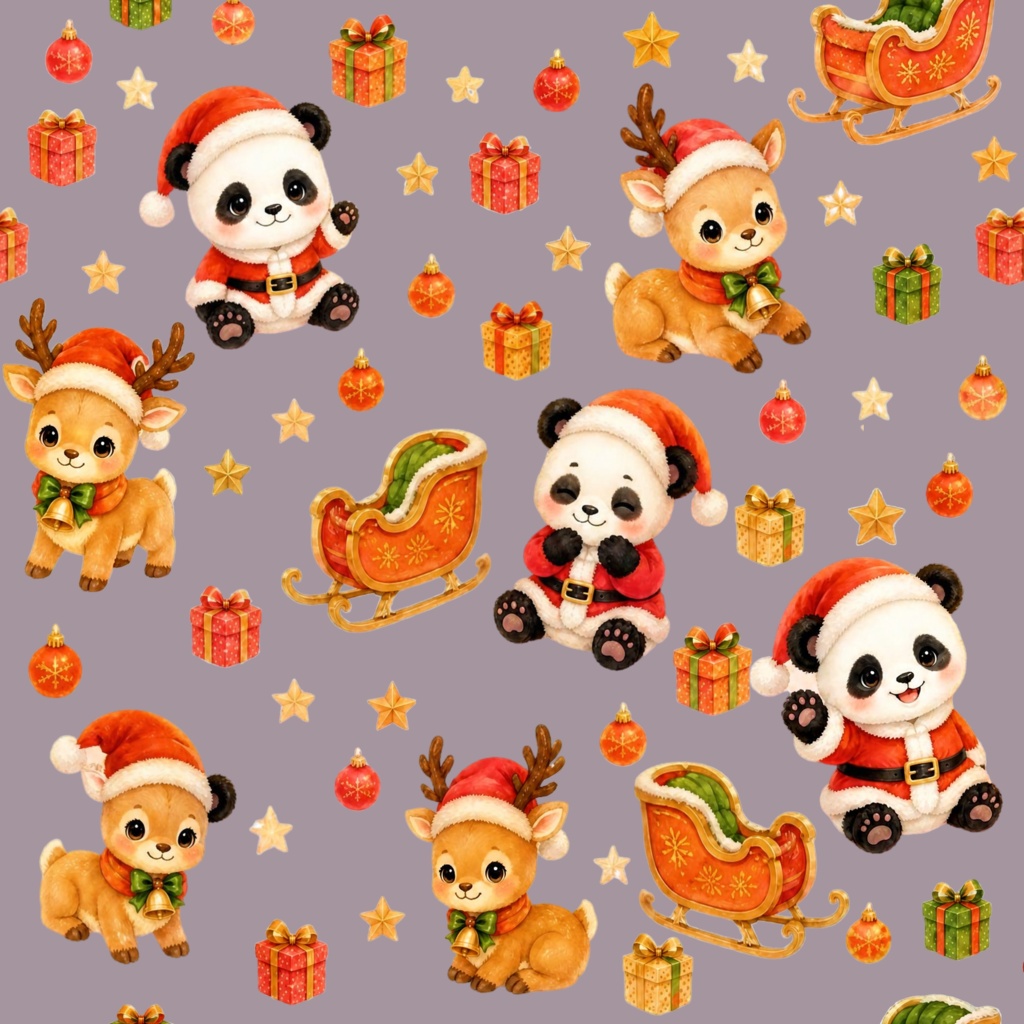 パンダとクリスマスプレゼント | デジタルペーパー 5色 シームレスパターン