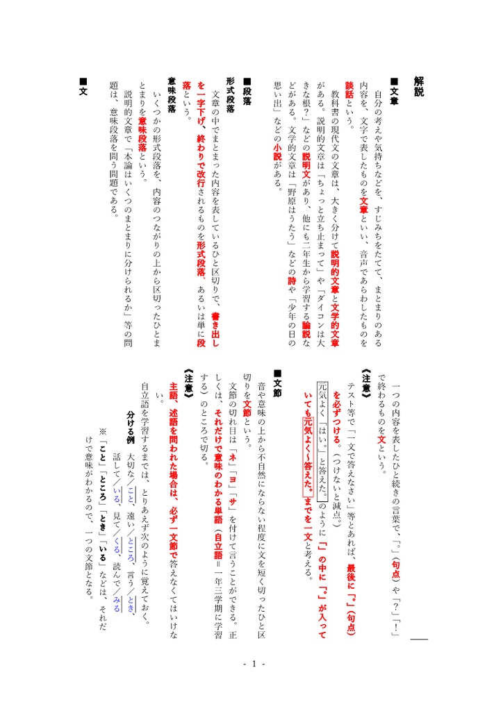 言葉の単位 文章・段落・文・文節・単語
